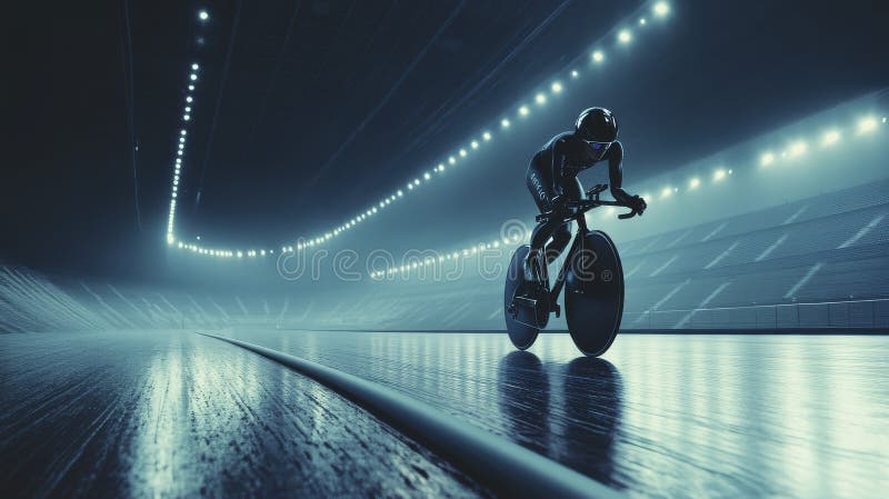 Sylwetka cyklisty na rowerze futurystycznym w krytym welodromie w nocy ilustracji