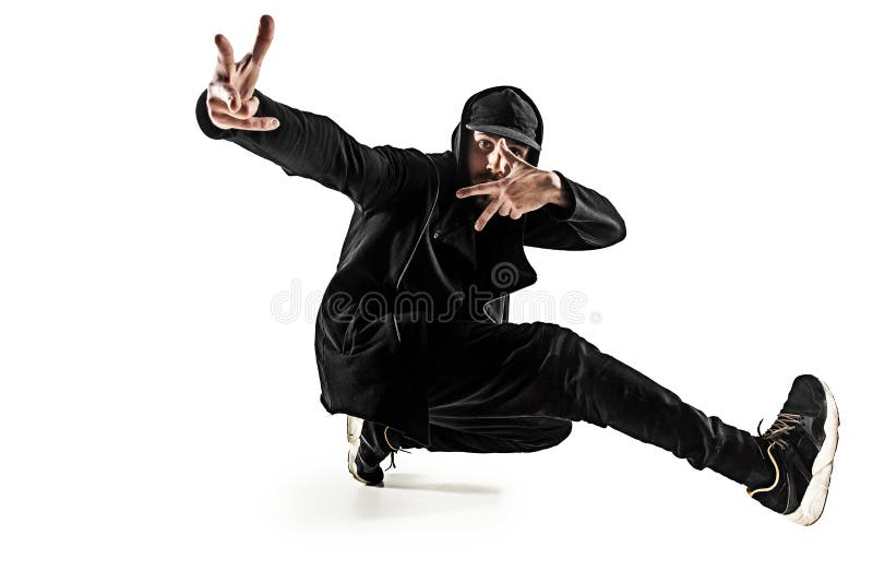 Sylwetka jeden hip hop przerwy tancerza męski taniec na białym tle obraz royalty free Sylwetka jeden hip hop przerwy tancerza męski taniec na białym tle obraz royalty free