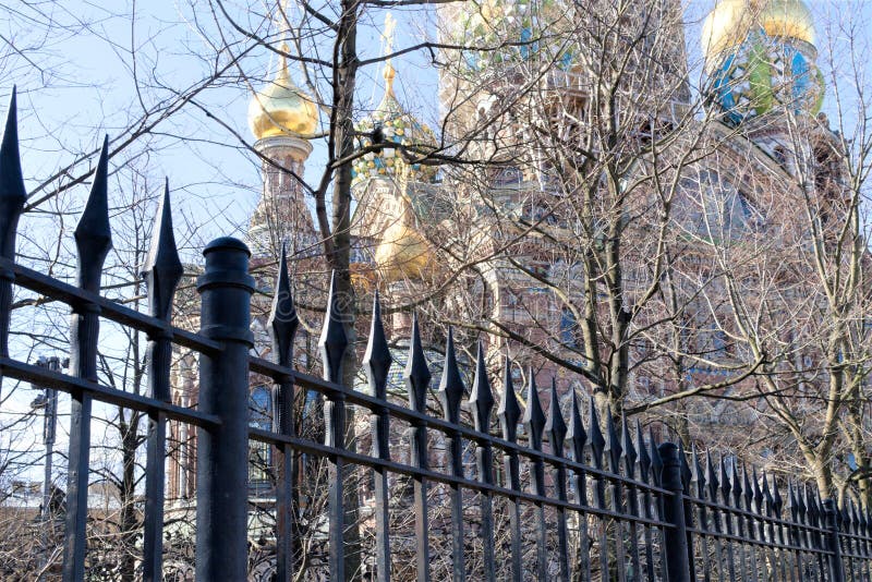 Sylwetka katedra wybawiciel na krwi przez parkowych drzew w St Petersburg, Rosja obraz stock Sylwetka katedra wybawiciel na krwi przez parkowych drzew w St Petersburg, Rosja obraz stock
