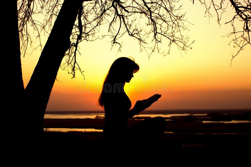 Silhouette of a young woman studing the Bible in nature, girl reading a book near a tree at sunset, concept religion and spirituality. Silhouette of a young woman studing the Bible in nature, girl reading a book near a tree at sunset, concept religion and spirituality