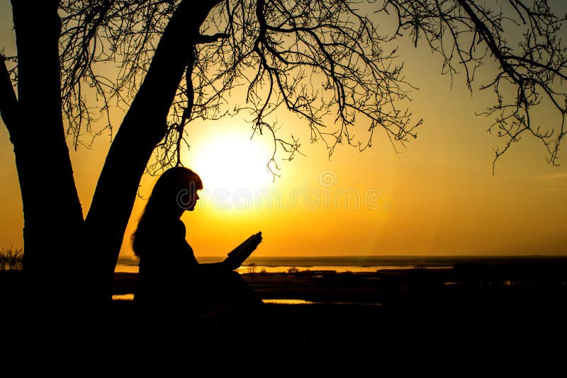 Silhouette of a young woman studing the Bible in nature, girl reading a book near a tree at sunset, concept religion and spirituality. Silhouette of a young woman studing the Bible in nature, girl reading a book near a tree at sunset, concept religion and spirituality