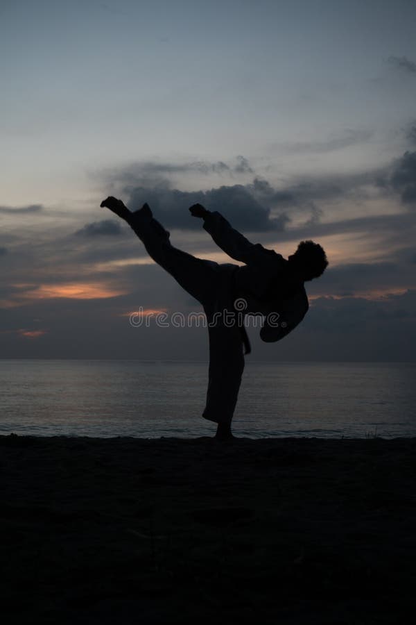 Sylwetka trenuje Taekwondo sztuka samoobrony mężczyzna