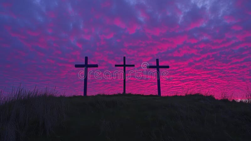 Sylwetka trzech krzyży na Grassy Hill przy zachodzie słońca z dramatycznym różowym i fioletowym niebem obrazy royalty free