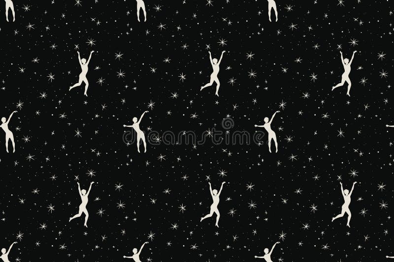 mbark on a cosmic journey with this pattern featuring abstract white silhouettes of women gracefully adrift in space, set against a mesmerizing black background adorned with stars. Perfect for fabric prints, wallpaper designs, and various creative projects, this seamless repeat print captures the ethereal beauty of celestial silhouettes against the cosmic backdrop. mbark on a cosmic journey with this pattern featuring abstract white silhouettes of women gracefully adrift in space, set against a mesmerizing black background adorned with stars. Perfect for fabric prints, wallpaper designs, and various creative projects, this seamless repeat print captures the ethereal beauty of celestial silhouettes against the cosmic backdrop.