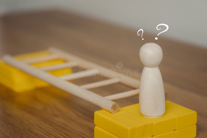 Symbol Business people model stand on wooden wall between ladder with question mark. Problem solving, challenge and Unexpected