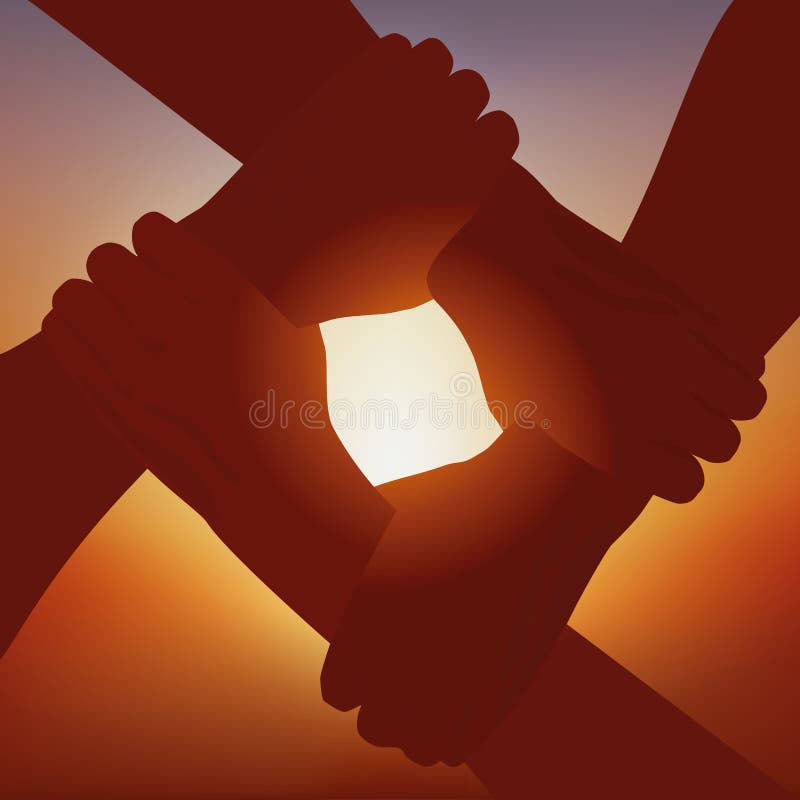 Symbol des Verbands zwischen vier Partnern mit den Händen gekreuzt bei Sonnenuntergang lizenzfreie abbildung Symbol des Verbands zwischen vier Partnern mit den Händen gekreuzt bei Sonnenuntergang lizenzfreie abbildung