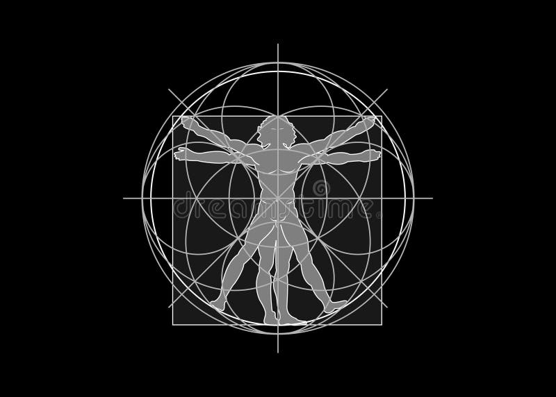 Symbol för helig geometri. den vitruviske mannen. Detaljerad ritning på grundval av teckningar med leonardo da vinci-vektor isoler stock illustrationer
