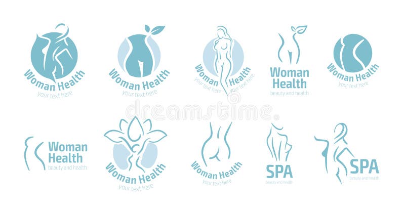 Symbol för kvinnakonditionlogo Sportar hälsa, brunnsort, yoga, skönhetvektorlogo Kvinnakonturlogo Banta logoen Spa salonglogo royaltyfri illustrationer