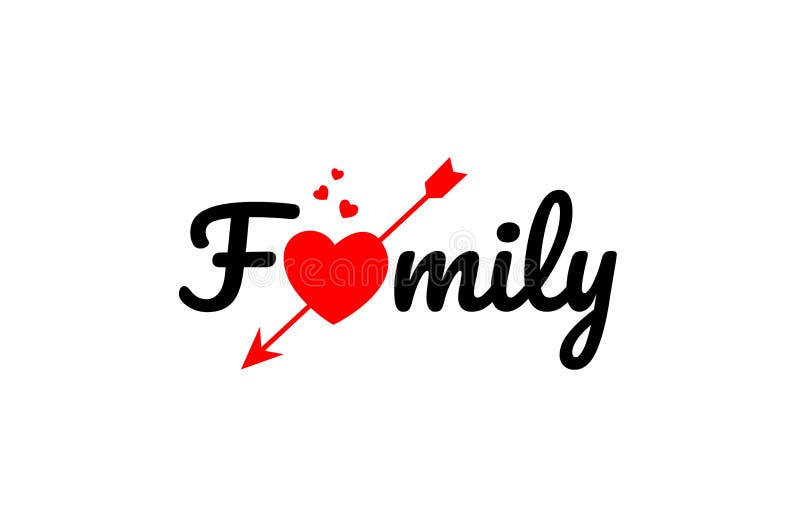 Symbol för logo för design för typografi för familjordtext. Familjordtext med röd bruten hjärta med pilbegreppet som är passande för logo eller typografidesign