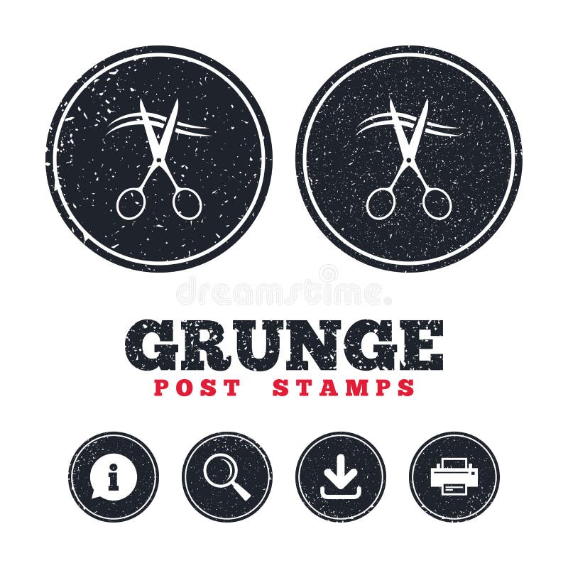 Grunge post stamps. Scissors cut hair sign icon. Hairdresser or barbershop symbol. Information, download and printer signs. Aged texture web buttons. Vector. Grunge post stamps. Scissors cut hair sign icon. Hairdresser or barbershop symbol. Information, download and printer signs. Aged texture web buttons. Vector