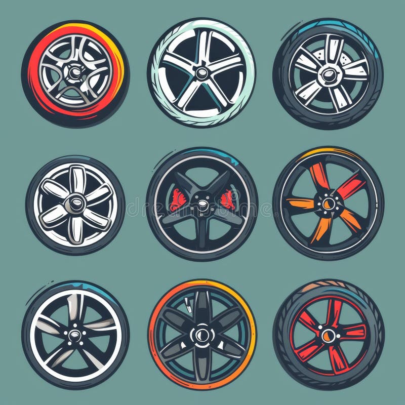 Symbol für Autoräder Reifensilhouetten Felgensymbol Doodgezeichnete Autos Schilder Autoreifen Piktogramme stockfotografie