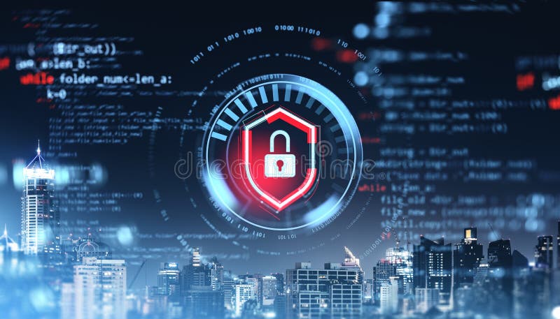Symbol für digitale Sicherheit über virtuelles Stadtbild mit Programmiercodeelementen. Ein digitales Padlock-Schild-Symbol mit binären Codes und Programmierelementen, die auf einem Skyline-Hintergrund der Stadt überlagert werden. Konzept der Cybersicherheit