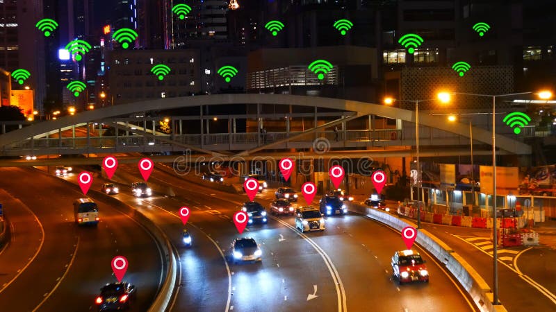 Symbol mapy Google i wifi pojawia się na pojazdach, które używają mapy aplikacji GPS na zamazanych ulicach w stolicy