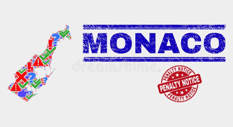 Composition of Monaco Map Sign Mosaic and Scratched Penalty Notice Stamp Seal stock illustration