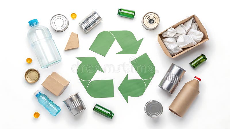 Symbol recyklingu utworzony na podstawie odpadów z gospodarstw domowych na białym tle ilustracji