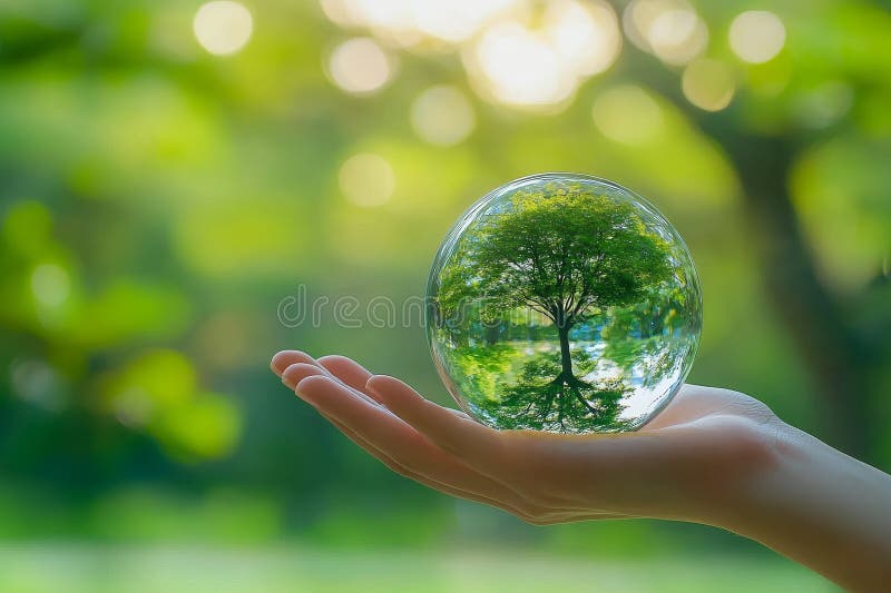 Symbol of renewable energy sources and world sustainability environment concept. Protecting the environment, saving the stock illustration