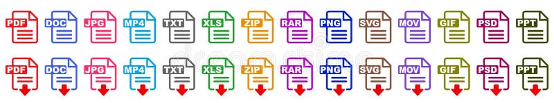 Symbol set file formats, file extensions diverse icons set isolated - vector stock illustration.