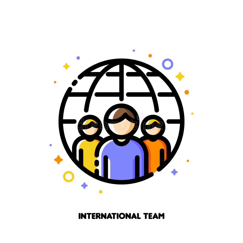 Symbol von drei Personen auf einem Hintergrund der Welt für internationales Team- oder Arbeitskraftoutsourcingkonzept. flache gefü stock abbildung