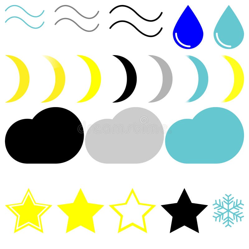 Symbol Weather Wind, Drop, Moons, Clouds, Stars and Snowflake. Stock