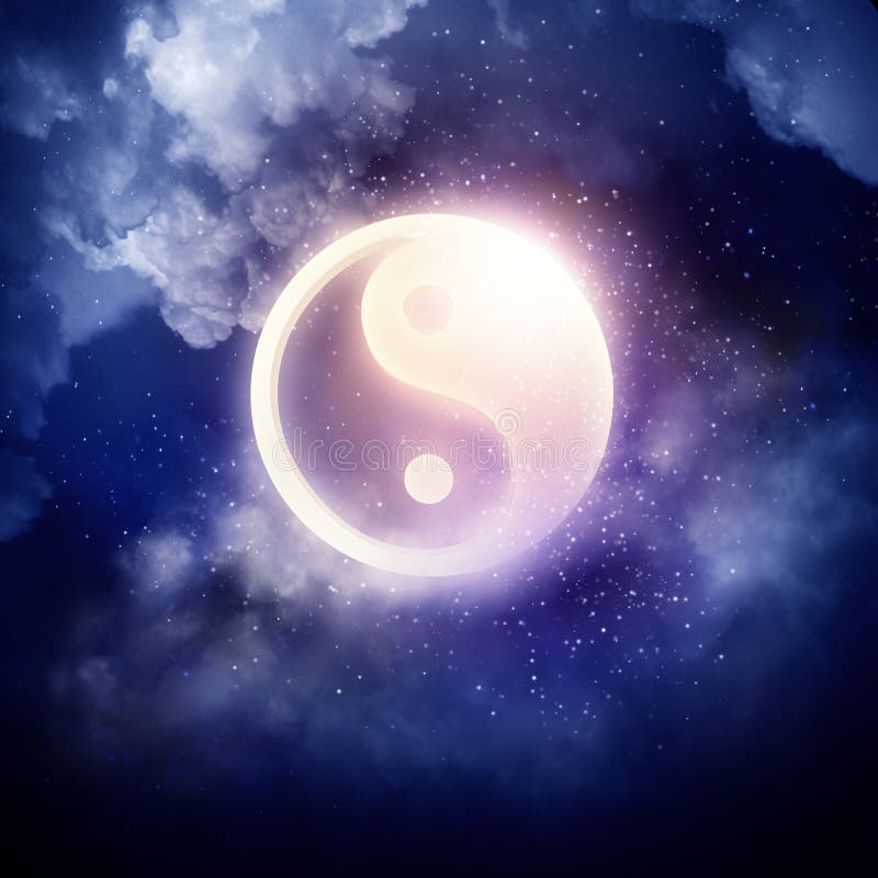 Yin Yang sign in dark night sky. Yin Yang sign in dark night sky