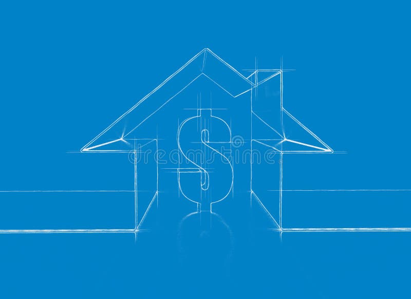 House and dollar sign symbol. Blueprint pencil sketch. House and dollar sign symbol. Blueprint pencil sketch