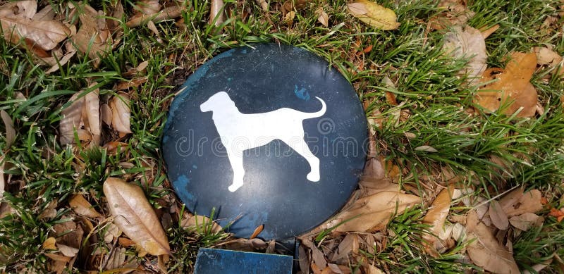 Symbol znaku psa na trawie z liśćmi w parku miejskim