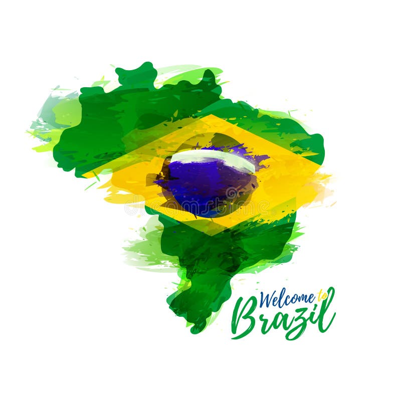 Symbol, poster, banner Brazil. Map of Brazil with the decoration of the national flag. Style watercolor drawing. Brazil map with national flag. Vector illustration. Symbol, poster, banner Brazil. Map of Brazil with the decoration of the national flag. Style watercolor drawing. Brazil map with national flag. Vector illustration