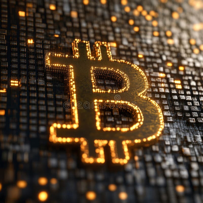 Symbole Bitcoin d'or brillant sur un fond numérique sombre représentant la technologie crypto-monétaire et blockchain
