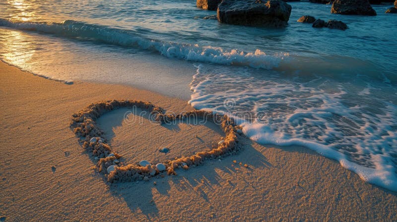 Heart symbol drawn in the sand on a serene beach, capturing the essence of love and friendship. Heart symbol drawn in the sand on a serene beach, capturing the essence of love and friendship