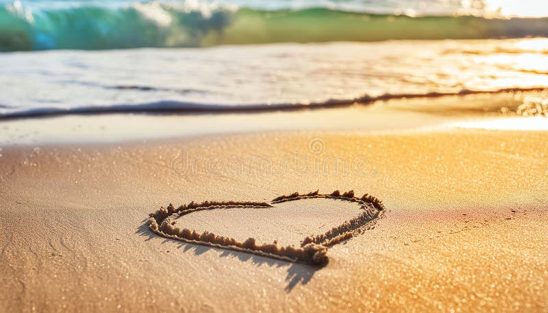 This evocative image beautifully captures a simple yet powerful symbol of love�a heart, etched into the fine sands of a sunlit beach. The golden rays of the sunset enhance the heart's outline, creating a luminous effect that seems to set the heart aglow. As the gentle waves approach, they add a dynamic element to the scene, suggesting the transient nature of time against the enduring concept of love. The soft texture of the sand contrasts sharply with the fluidity of the water, symbolizing stability and change. This photograph is not just a picture but a poignant reminder of love�s lasting imprint on the world. This evocative image beautifully captures a simple yet powerful symbol of love�a heart, etched into the fine sands of a sunlit beach. The golden rays of the sunset enhance the heart's outline, creating a luminous effect that seems to set the heart aglow. As the gentle waves approach, they add a dynamic element to the scene, suggesting the transient nature of time against the enduring concept of love. The soft texture of the sand contrasts sharply with the fluidity of the water, symbolizing stability and change. This photograph is not just a picture but a poignant reminder of love�s lasting imprint on the world.