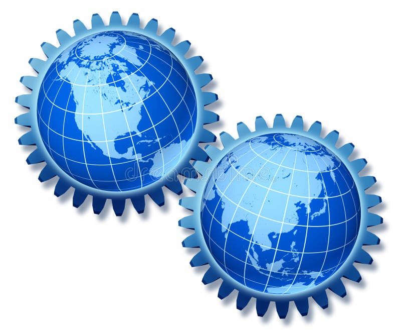 World economy symbol represented by two blue gears and cogs with a globe of north america and asia representing the inter connection of international trade and commerce. World economy symbol represented by two blue gears and cogs with a globe of north america and asia representing the inter connection of international trade and commerce.