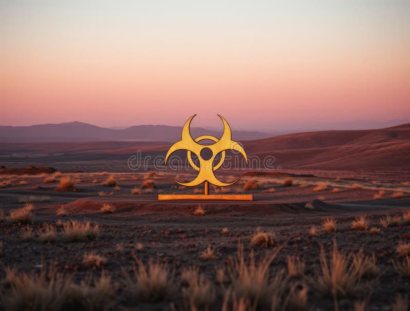 Symbole de danger biologique brillant doré dans la zone de danger du crépuscule ou de l'aube paysage désert IA généré illustration libre de droits