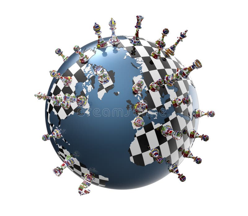 Symbole de géopolitique le globe du monde avec des pièces d'échecs