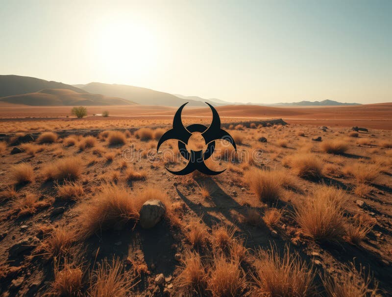 Symbole de risque biologique dans la zone de danger du désert paysage apocalyptique paysage généré par l'IA illustration de vecteur