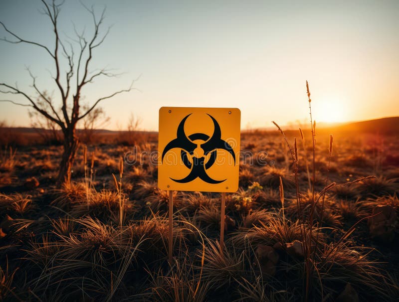 Symbole de risque biologique jaune et noir dans le paysage de zone de danger des terres désolées L'IA générée illustration stock