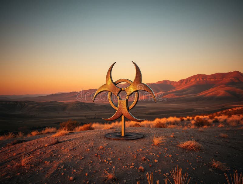 Symbole de risque biologique métallique dans le paysage de la zone de danger des terres désolées au coucher du soleil ou au lever illustration libre de droits