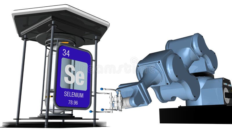 Symbole de sélénium dans la forme carrée avec le bord métallique devant un bras mécanique qui tiendra un conteneur chimique 3d re illustration libre de droits Symbole de sélénium dans la forme carrée avec le bord métallique devant un bras mécanique qui tiendra un conteneur chimique 3d re illustration libre de droits