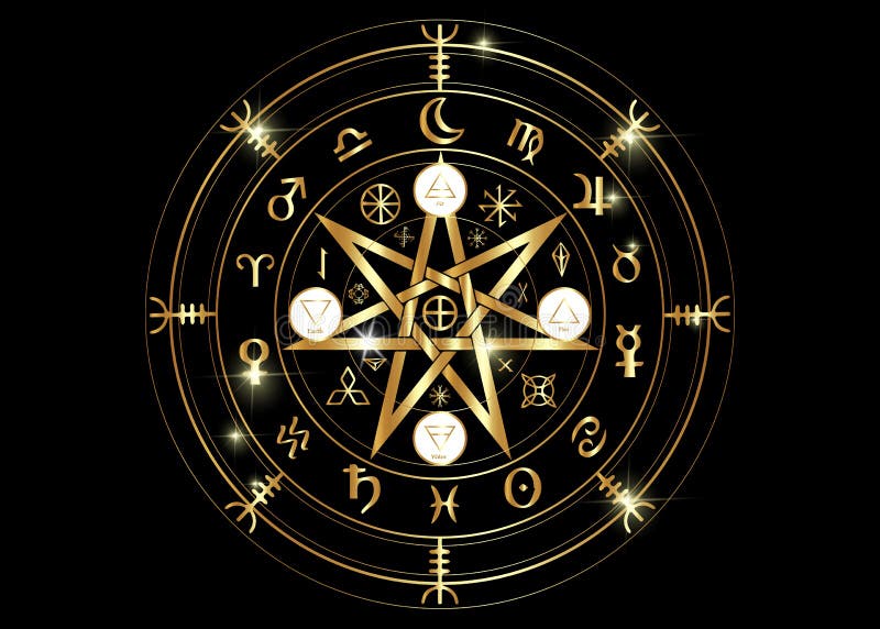 Symbole de Wiccan de la protection Runes de Mandala Witches d'or, divination mystique de Wicca Symboles occultes antiques, roue d