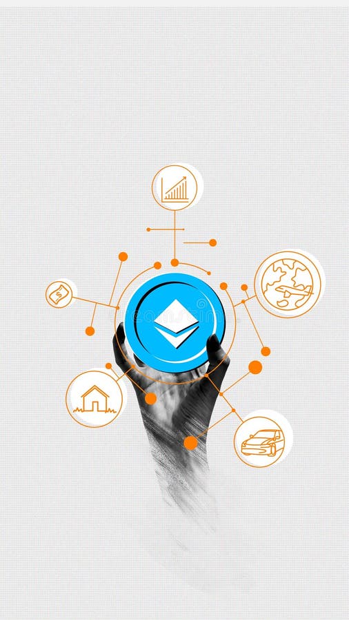 Symbole ethereum avec icônes connectées représentant des applications industrielles. intégration de blockchain dans images stock