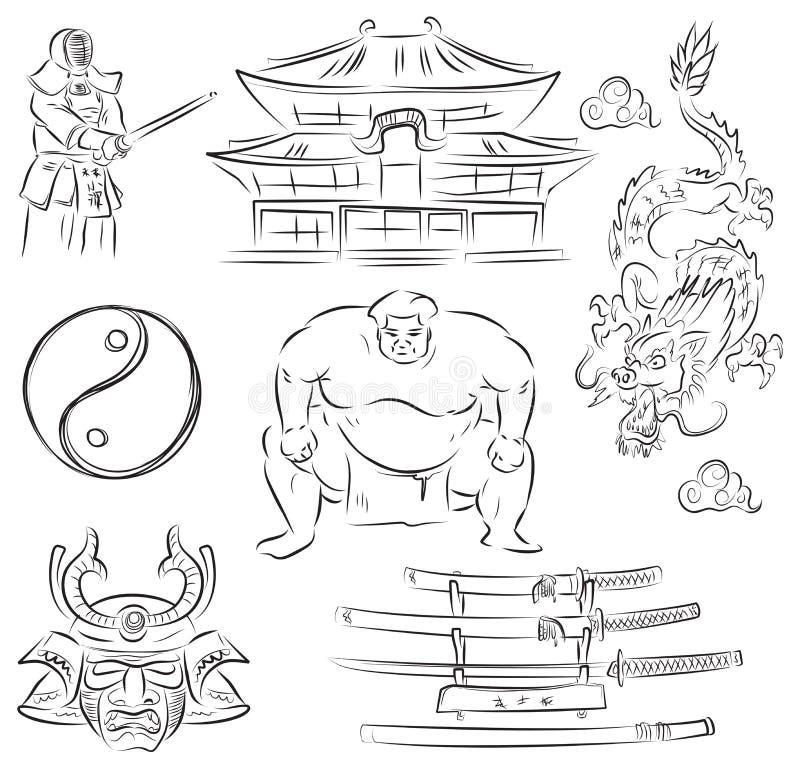 JapanBeautiful Set of sketches of symbols of Japanese culture. JapanBeautiful Set of sketches of symbols of Japanese culture