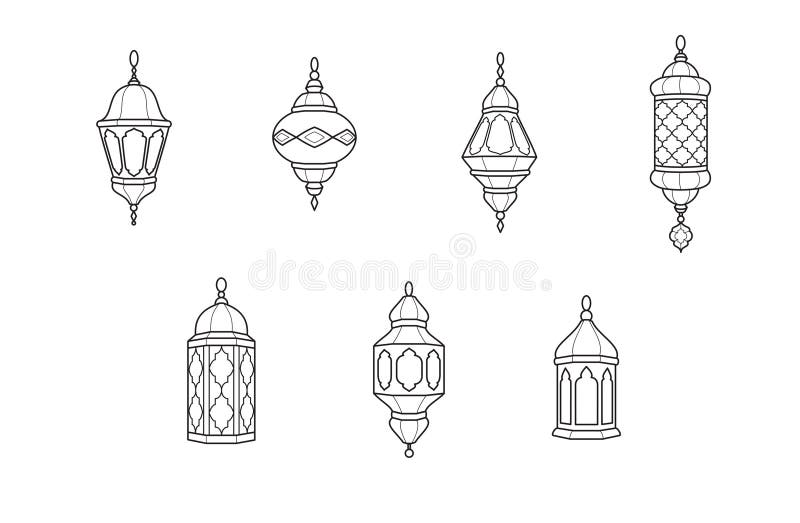 Symbole latarni Ramadan. Ikony islamskiej linii świętowania. Tradycyjne lampy wschodnie odizolowane na biało. ilustracja wektor