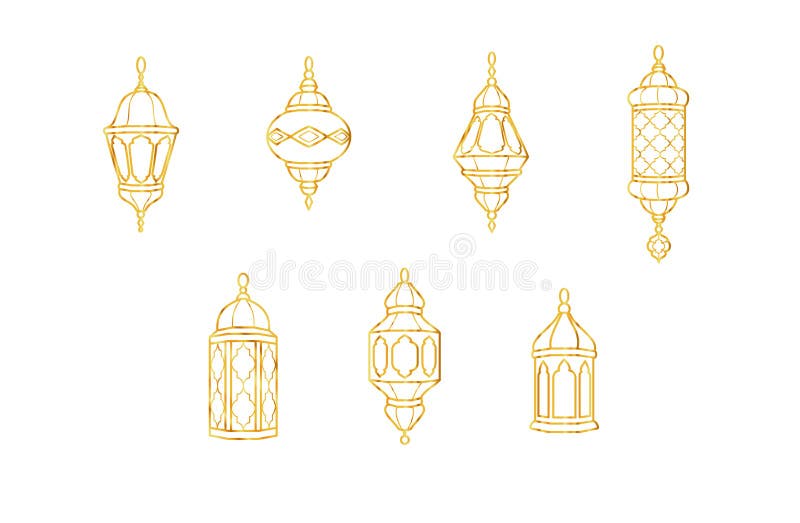 Symbole latarni Ramadan. Ikony islamskiej linii świętowania. Tradycyjne lampy wschodnie odizolowane na biało. ilustracji