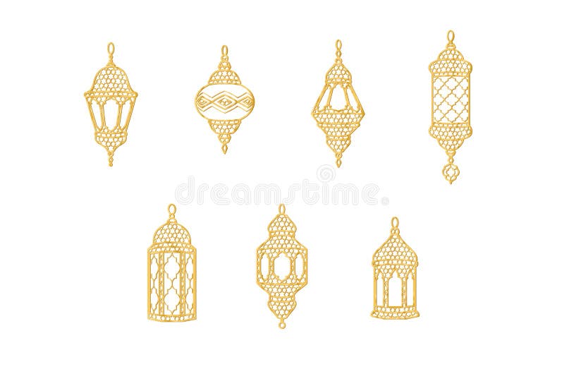 Symbole latarni Ramadan. Ikony islamskiej linii świętowania. Tradycyjne lampy wschodnie odizolowane na biało. royalty ilustracja