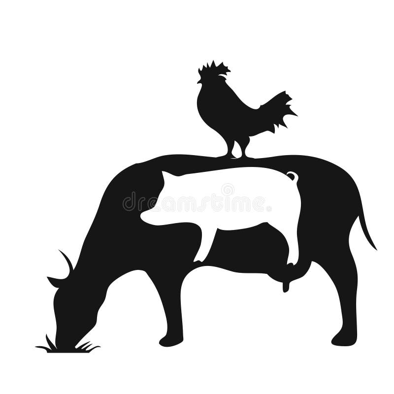 Symbole noir et blanc de silhouette de poulet de vache à porc d'animaux de ferme illustration stock Symbole noir et blanc de silhouette de poulet de vache à porc d'animaux de ferme illustration stock