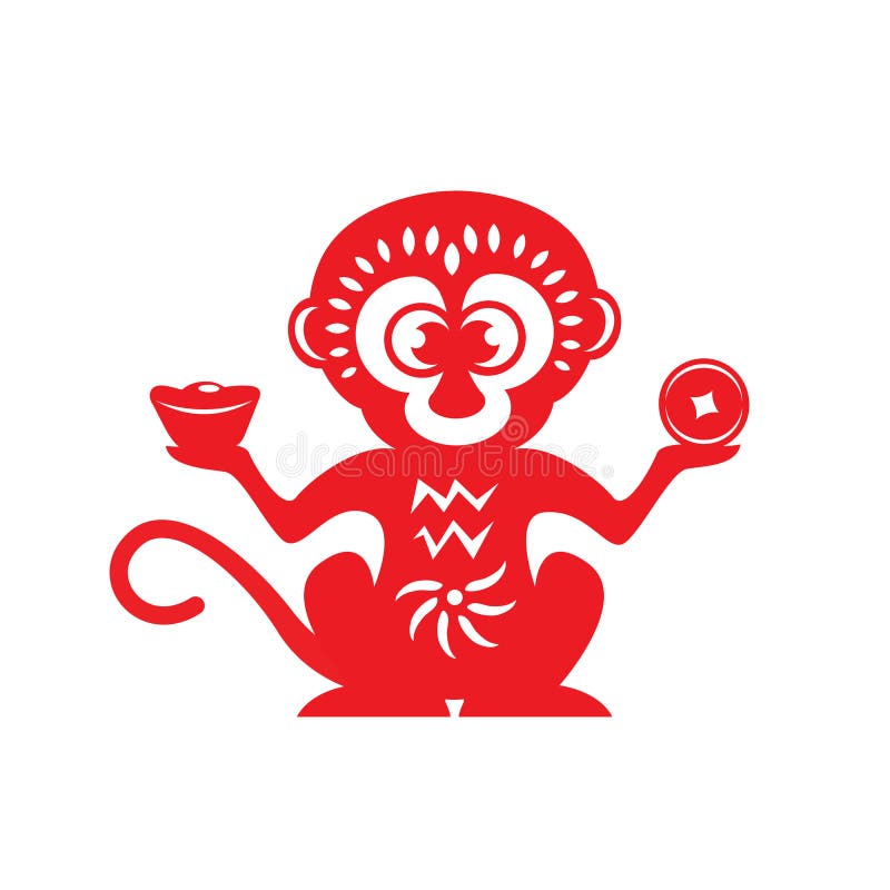 Symbole rouge de zodiaque de singe de coupe de papier (singe tenant l'argent) illustration stock Symbole rouge de zodiaque de singe de coupe de papier (singe tenant l'argent) illustration stock