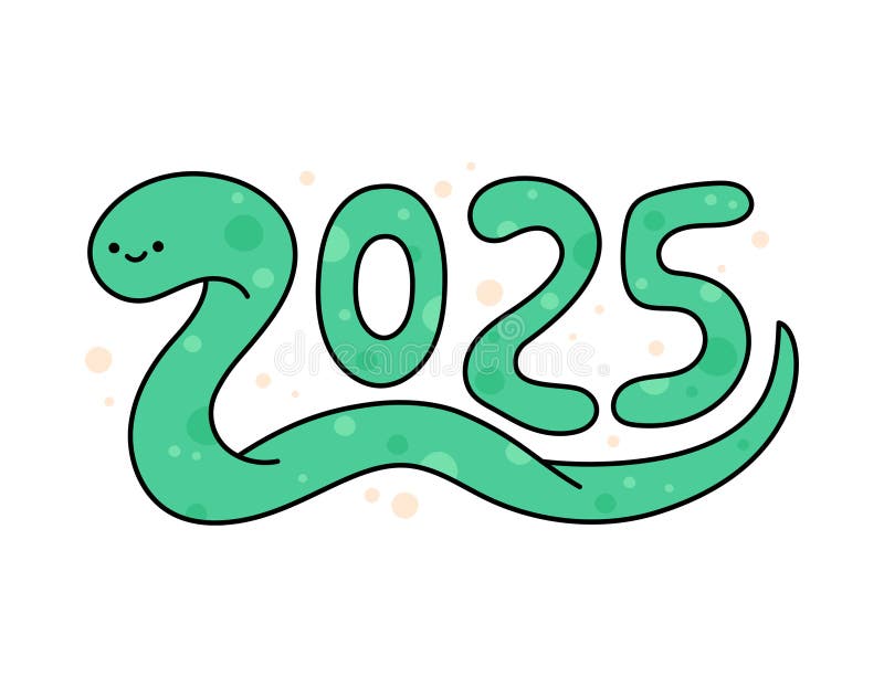 Symbole serpent 2025 année. joli serpent vert caricature souriant. caractère de doodle adorable. illustration vectorielle numéros illustration stock