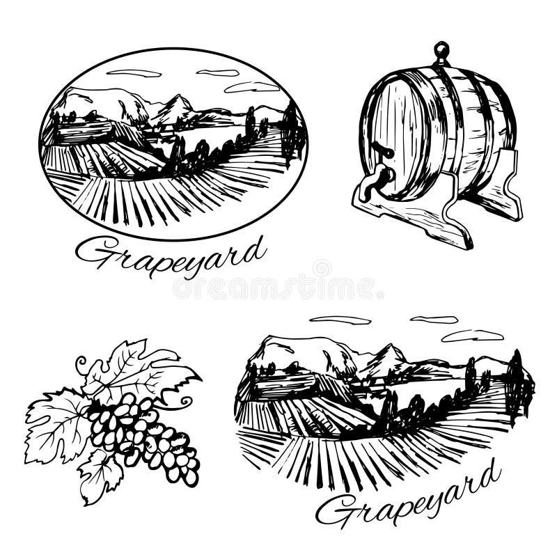 Symbole winnica, baryłka wino i winogrono, royalty ilustracja Symbole winnica, baryłka wino i winogrono, royalty ilustracja