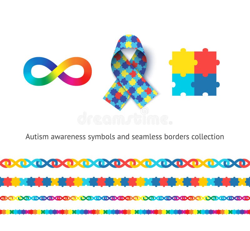 Autism awareness symbols and seamless borders vector set. Children with concern medical illness tolerance concept. Colorful jigsaw puzzle, awareness ribbon and flamboyant infinity sign illustrations. Autism awareness symbols and seamless borders vector set. Children with concern medical illness tolerance concept. Colorful jigsaw puzzle, awareness ribbon and flamboyant infinity sign illustrations