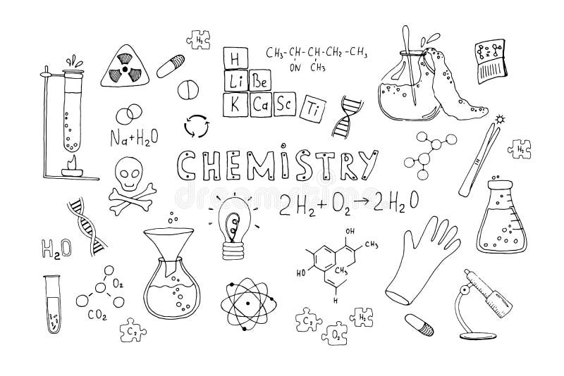 Symbolen en tekeningen voor een chemisch lesje op school, op een witte achtergrond Door de hand getekende illustratie van de doed