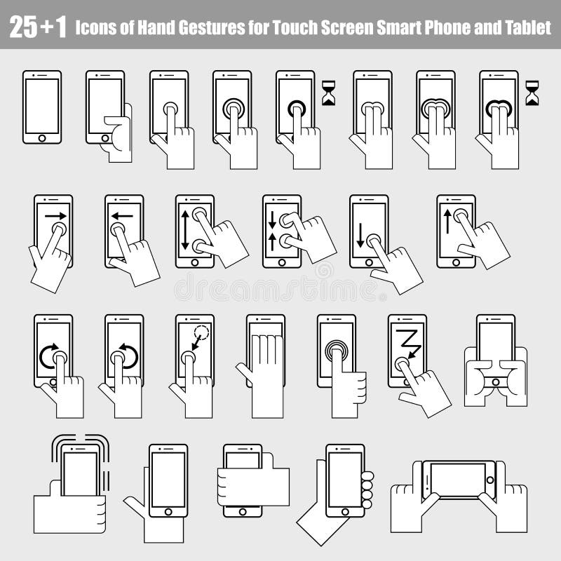 25+1 symboler av handgester för smart telefon vektor illustrationer